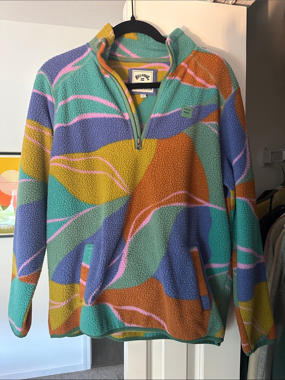 Billabong Multicolor Sherpa Zip Pullover in Teal, Purple & Orange